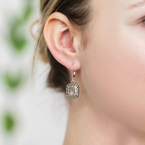 Recycled Vintage Clear Dairy Bottles Sterling Quilted Square Earrings - Picture 4 of 6